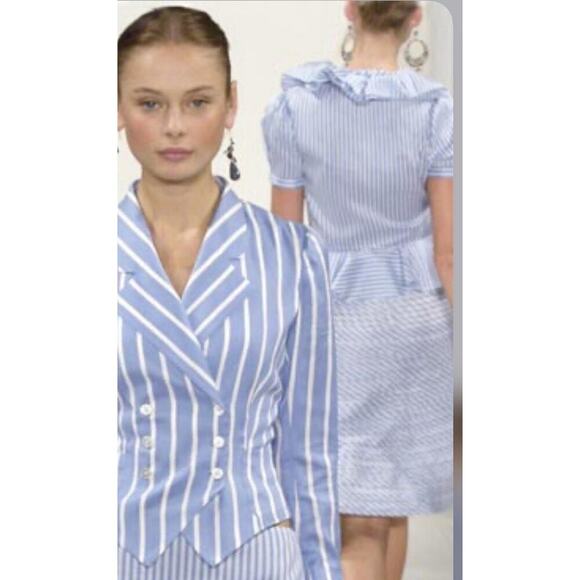 Ralph Lauren Collection Purple Label Blue Pinstripe Ruffle Silk Blouse Runway M - Picture 6 of 13
